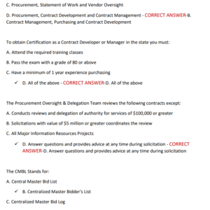 CTCM LATEST CERTIFICATION EXAM WITH 300 PRACTICE QUESTIONS AND CORRECT ANSWERS/ CERTIFIED TEXAS CONTRACT MANAGEMENT CERTIFICATION TEST 2025PRACTICE (NEW!!) RECENT TESTED QUESTIONS COVERED - Image 5