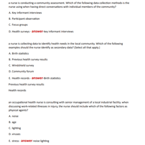 ATI RN COMMUNITY HEALTH PROCTORED RETAKE EXAM NEWEST 2024 ACTUAL EXAM 100 QUESTIONS AND CORRECT DETAILED ANSWERS (VERIFIED ANSWERS) |ALREADY GRADED A+ a nurse is preparing to conduct a windshield survey. which of the following data should the nurse collect as a component of this assessment? select all that apply - Image 4