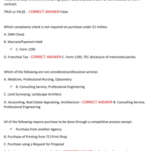 CTCM LATEST CERTIFICATION EXAM WITH 300 PRACTICE QUESTIONS AND CORRECT ANSWERS/ CERTIFIED TEXAS CONTRACT MANAGEMENT CERTIFICATION TEST 2025PRACTICE (NEW!!) RECENT TESTED QUESTIONS COVERED - Image 4