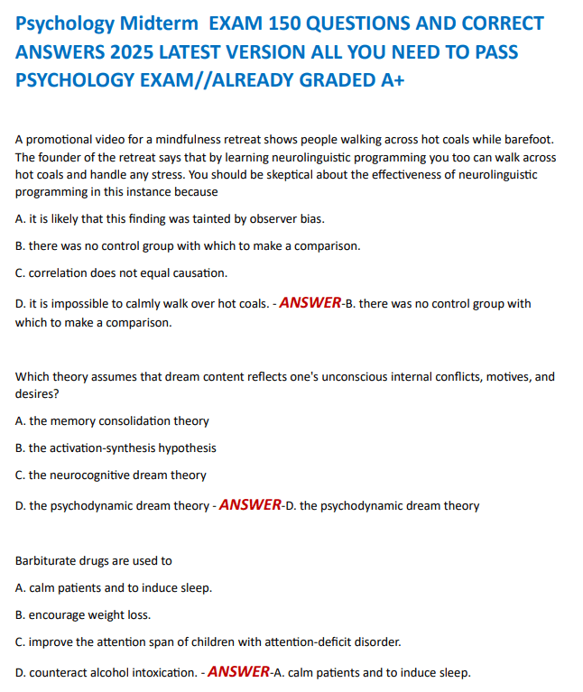 Psychology Midterm EXAM 150 QUESTIONS AND CORRECT ANSWERS 2025 LATEST ...