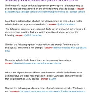 COLORADO CAR SALES MASTERY EXAM NEWEST 2024 ACTUAL EXAM 270 QUESTIONS AND CORRECT DETAILED ANSWERS (VERIFIED ANSWERS) |ALREADY GRADED A+ The license of a motor vehicle salesperson or power-sports salesperson may be denied, revoked or suspended on any of the following grounds except: