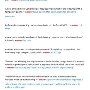 COLORADO CAR SALES MASTERY EXAM NEWEST 2024 ACTUAL EXAM 270 QUESTIONS AND CORRECT DETAILED ANSWERS (VERIFIED ANSWERS) |ALREADY GRADED A+ The license of a motor vehicle salesperson or power-sports salesperson may be denied, revoked or suspended on any of the following grounds except: - Image 4