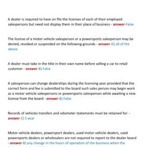 COLORADO CAR SALES MASTERY EXAM NEWEST 2024 ACTUAL EXAM 270 QUESTIONS AND CORRECT DETAILED ANSWERS (VERIFIED ANSWERS) |ALREADY GRADED A+ The license of a motor vehicle salesperson or power-sports salesperson may be denied, revoked or suspended on any of the following grounds except: - Image 3