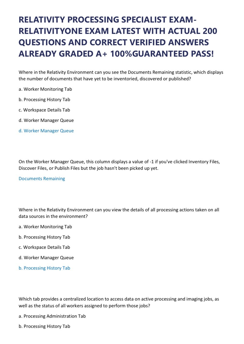 RELATIVITY PROCESSING SPECIALIST EXAM-RELATIVITYONE EXAM | Selnotes