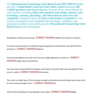 Massachusetts Cosmetology State Board ACTUAL EXAM 200 QUESTIONS AND CORRECT ANSWERS 2025-2026 LATEST VERSION GRADED A+