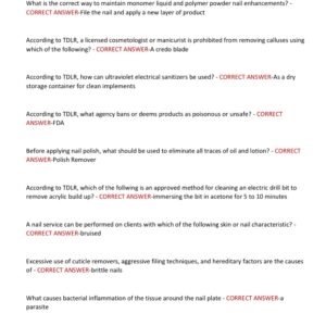 Texas Manicurist Written State Board Test 2025 EXAM Questions & Answers | 100% Verified solutions | 20252026 Latest!!