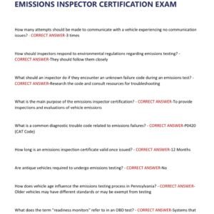 PENNSYLVANIA EMISSIONS INSPECTOR ACTUAL TEST 2025-2026 LATEST 150 REAL EXAM QUESTIONS AND CORRECT ANSWERS/ PA EMISSIONS INSPECTOR CERTIFICATION EXAM