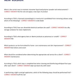 TEXAS MANICURIST WRITTEN STATE BOARD TEST 2025-2025 WITH 300 QUESTIONS AND CORRECT ANSWERS(100% CORRECT VERIFIED ANSWERS) NEW VERSION