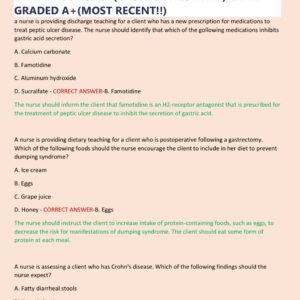 MED SURGE GI ACTUAL EXAM WITH 150+ QUESTIONS AND CORRECT ANSWERS WITH RATIONALES (100% CORRECT ANSWERS) ACTUAL ATI MED SURGE GI (GASTROINTESTINAL) EXAM GRADED A+(MOST RECENT!!)