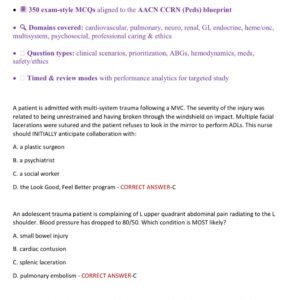 CCRN AACN PEDRIATIC ACTUAL TEST BANK EXAM 350 QUESTIONS AND CORRECT ANSWERS 2025-2026 LATEST ALREADY GRADED A+