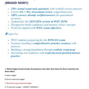 WGU D196 TEST BANK FOR OA AND PRE-ASSESSMENT REVIEW 2025/2026 WITH 250 ACTUAL EXAM QUESTIONS AND CORRECT ANSWERS (100% CORRECT ANSWERS) D196 PRACTICE EXAM 2026 (BRAND NEW!!)