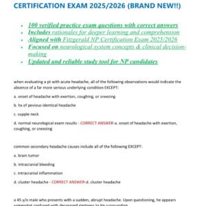 Neuro System FITZGERALD NP CERTIFICATION EXAM 2025 PRACTICE 100 QUESTIONS WITH 100% CORRECT ANSWERS WITH RATIONALES/ FITZGERALD NURSE PRACTITIONER CERTIFICATION EXAM 2025/2026 (BRAND NEW!!)