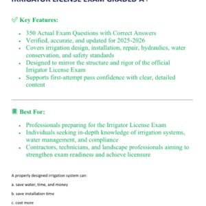 IRRIGATOR LICENSE EXAM WITH 350 ACTUAL EXAM QUESTIONS AND CORRECT VERIFIED ANSWERS (100% CORRECT ANSWERS) 2025-2026/ IRRIGATOR LICENSE EXAM GRADED A+
