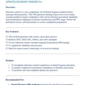 PRECLINICAL DH INFECTION CONTROL TRAINING EXAM 100 QUESTIONS AND CORRECT ANSWERS 2025-2026 LATEST UPDATE//ALREADY GRADED A+