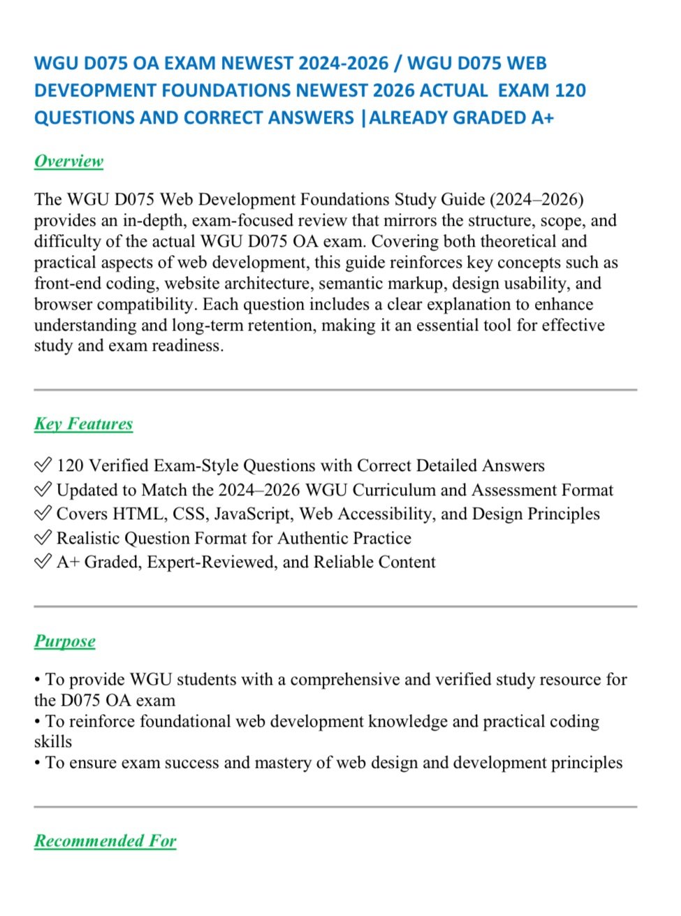 The WGU D075 Web Development Foundations OA Exam Study Guide 2024–2026 ...