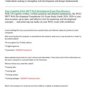 The WGU D075 Web Development Foundations OA Exam Study Guide 2024–2026 is a complete and up-to-date preparation resource designed to help Western Governors University students excel in their D075 Objective Assessment. - Image 2