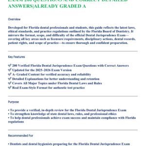 FLORIDA DENTAL JURISPRUDENCE LATESTEXAM VERSION AND STUDY GUIDE 2025-2026 ACTUAL EXAM 200 QUESTIONS AND CORRECT DETAILED ANSWERS|ALREADY GRADED A