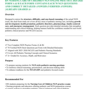 RN NURSING CARE OF CHILDREN NGN ONLINE PRACTICE 2025-2026 FORM A & B EACH FORM CONTAINS EACH 70 NGN QUESTIONS AND CORRECT DETAILED ANSWERS (VERIFIED ANSWERS) |ALREADY GRADED A+ - Image 1