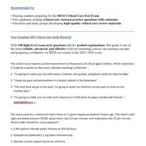 HESI CRITICAL CARE EXIT EXAM 2025-2026 / CRITICAL CARE HESI EXIT EXAM 2025 ACTUAL EXAM ALL 100 QUESTIONS AND CORRECT DETAILED ANSWERWERS WITH RATIONALES|ALREADY GRADED A+ - Image 2