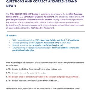 WGU C963 OA 2026-2027 REVIEW | C963 AMERICAN POLITICS AND THE US CONSTITUTION OBJECTIVE ASSESSMENT PREP 2025 WITH 300 QUESTIONS AND CORRECT ANSWERS (BRAND NEW!)