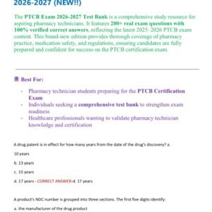 PTCB EXAM 2026/2027 ACTUAL EXAM TEST BANK WITH 200+ REAL EXAM QUESTIONS AND CORRECT ANSWERS (100% CORRECT ANSWERS) PTCB EXAM 2026-2027 (NEW!!)