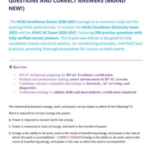 HVAC EXCELLENCE EXAMS 2026-2027 – HVAC EXCELLENCE ELECTRICITY EXAM 2025 AND HVAC AC EXAM 2026-2027 CONTAIN 200 PREP QUESTIONS AND CORRECT ANSWERS (BRAND NEW!)