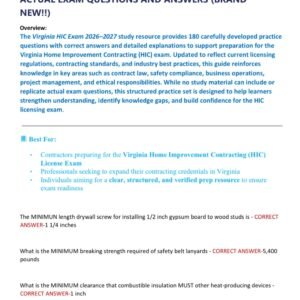 VIRGINIA HIC EXAM 2026/2027 WITH 180 REAL EXAM QUESTIONS AND CORRECT ANSWERS (100% CORRECT) VIRGINIA HOME IMPROVEMENT CONTRACTING (HIC) ACTUAL EXAM QUESTIONS AND ANSWERS (BRAND NEW!!)