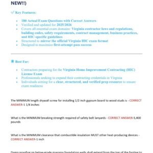 VIRGINIA HIC EXAM 2025/2026 WITH 180 REAL EXAM QUESTIONS AND CORRECT ANSWERS (100% CORRECT) VIRGINIA HOME IMPROVEMENT CONTRACTING (HIC) ACTUAL EXAM QUESTIONS AND ANSWERS (BRAND NEW!!)